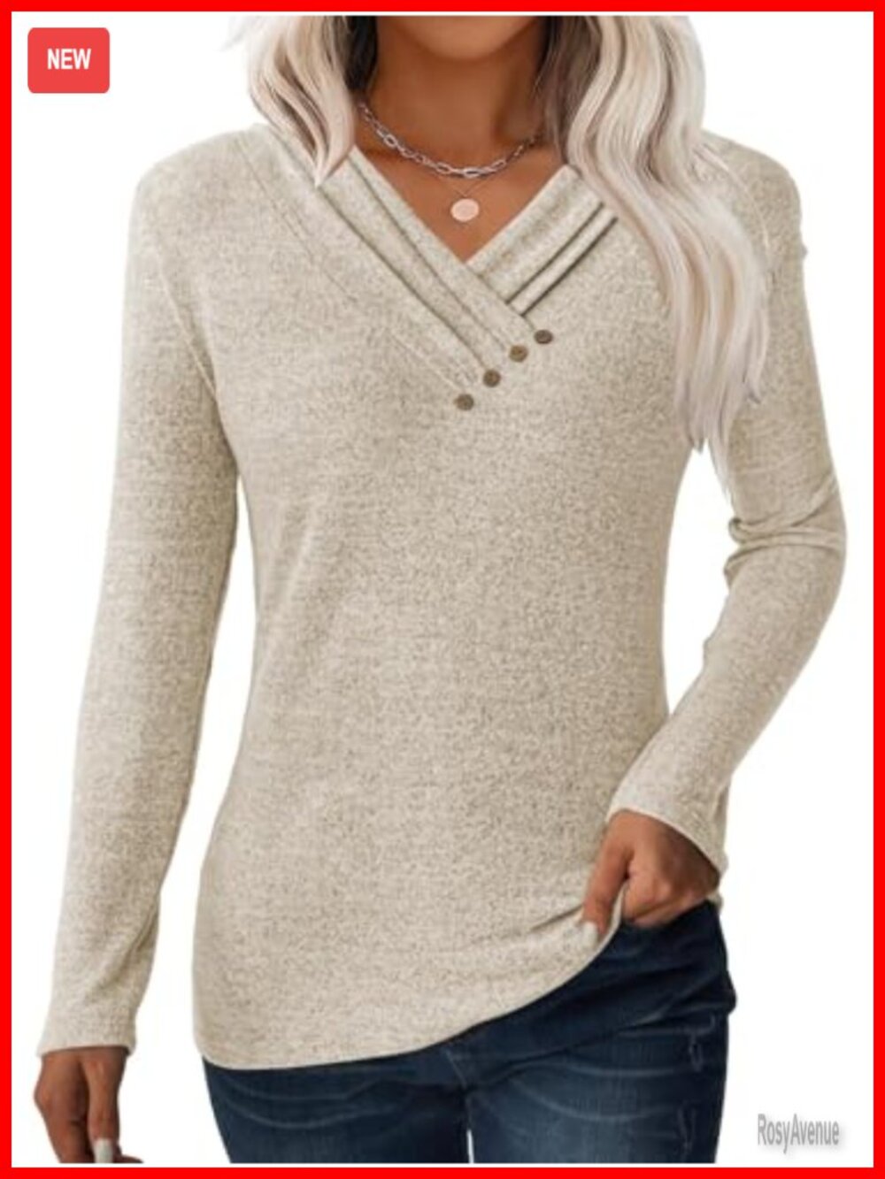 Women Long Sleeve V Neck Button Tunic Top Loose Fit Blouse